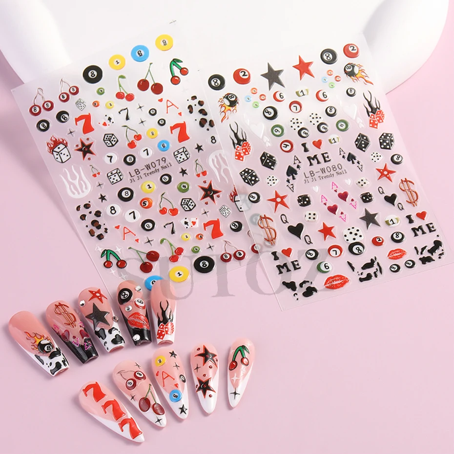 1pcs Cherry NO.8 Black Billiards Ball Nail Art Stickers Lucky Seven Dice Poker Stars Leopard Flame Pool Ball DIY Manicure Decals