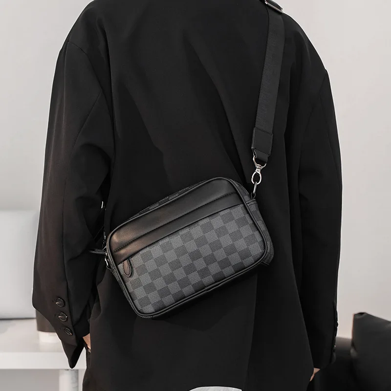 Bolso de hombro informal de negocios para hombres, bandolera de cuero PU con correa ancha, bolsos cruzados cuadrados de diseñador a cuadros para hombres