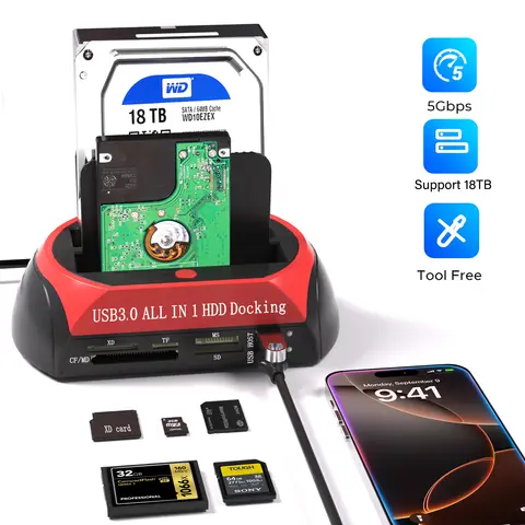 10 IN 1 듀얼 베이 하드 드라이브 스테이션 USB3.0 5Gbps HDD 도킹 스테이션(2.5/3.5인치 HDD/SSD TF 카드용 12V 3A 전원 어댑터 포함)