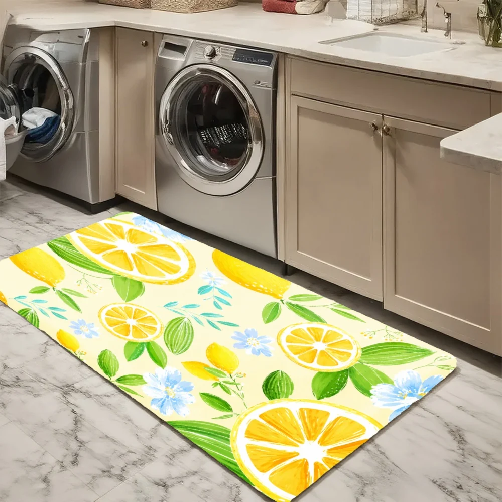 3PCS Mat Set,  Home Decoration for Front Door, Kitchen,  Lemon Slices Green Leaves Blue Flowers Pattern Print Kitchen Rug.