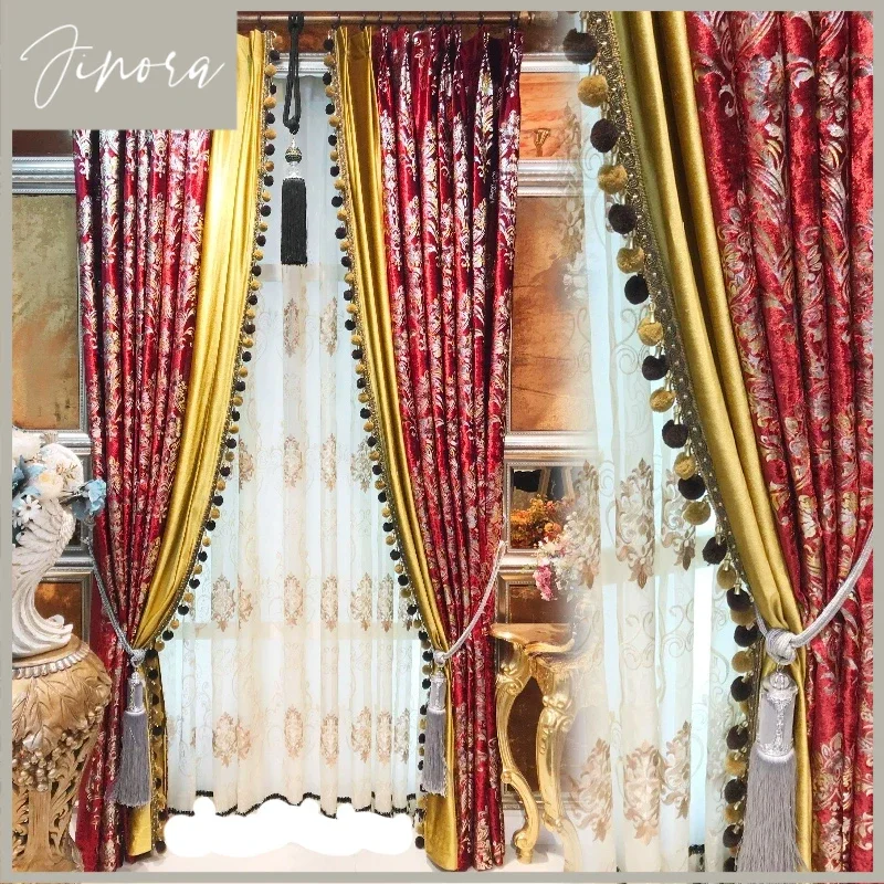 European Style Retro Print Red Gold Curtains For Living Room Bedroom Dining Embroidered Tulle Custom Size Luxury Classic Decor