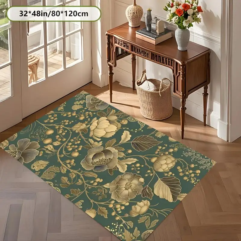 Dark Green Vintage Gilded Floral Rug Soft Velvet Living Room Bedroom Study Decor Mat