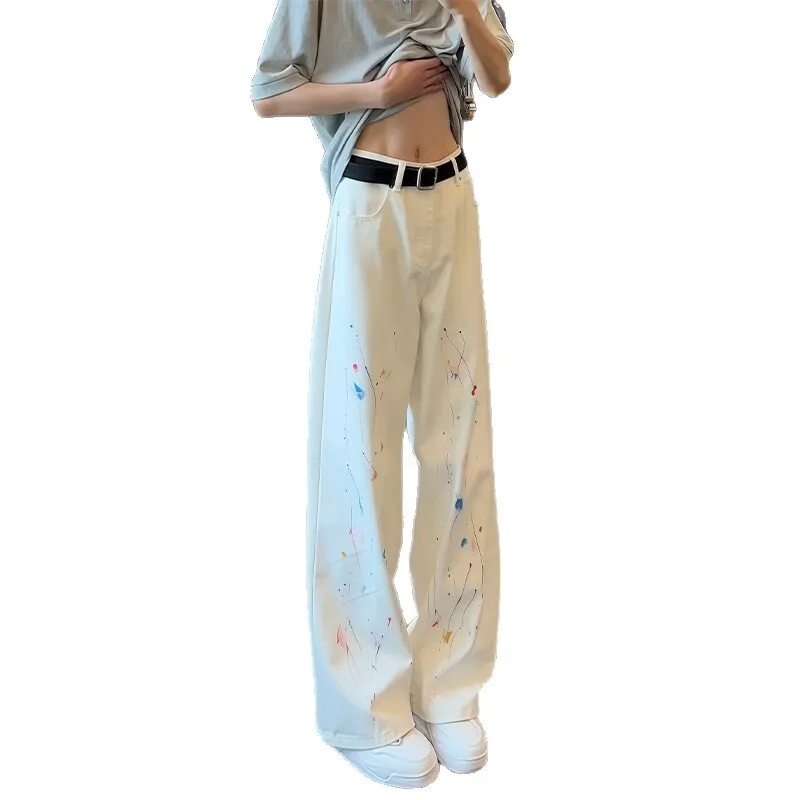 2025 outono novo masculino branco splatter pintura jeans estilo rua perna larga perna reta ligeiramente queimado calças jeans