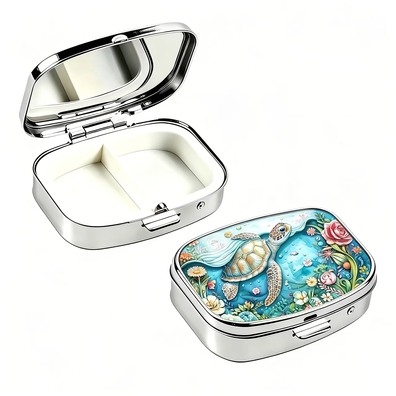 Ocean Turtle Print Mini Pill Box, Double Compartment Metal Pill Organizer, Portable Floral Underwater Style Pill Case, Suitable for Vitamins and Supplements, Cute and Unique Travel Pill Box