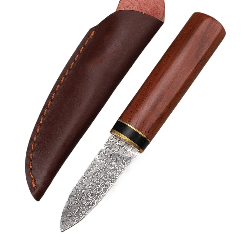 

Damascus Steel Fixed Blade Knife Wood Handle Pu'er Tea Knifes Outdoor Camping Survival Hand Tools With Leather Case