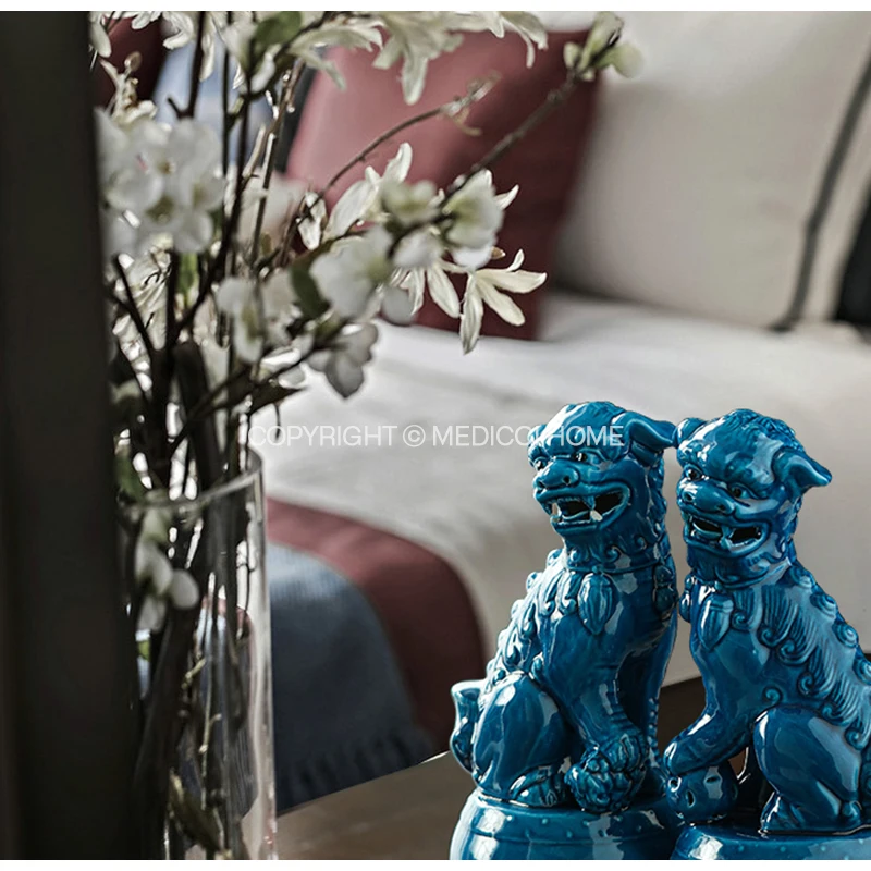 Medicci Home GG Style Mystical Animal Lion Dogs ornamenti in ceramica un paio di articoli per l\'arredamento blu retrò portico Desktop Decor