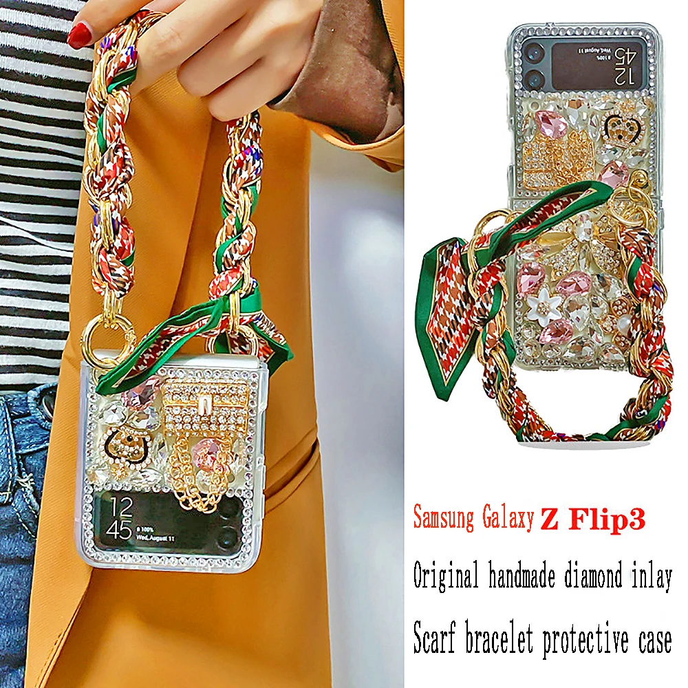 Luxury Glitter Gemstone Phone Case Back Cover for Samsung Galaxy Z Flip 4 Scarf Lanyard Bling Diamond Swan Queen Z Flip3 Z Flip2