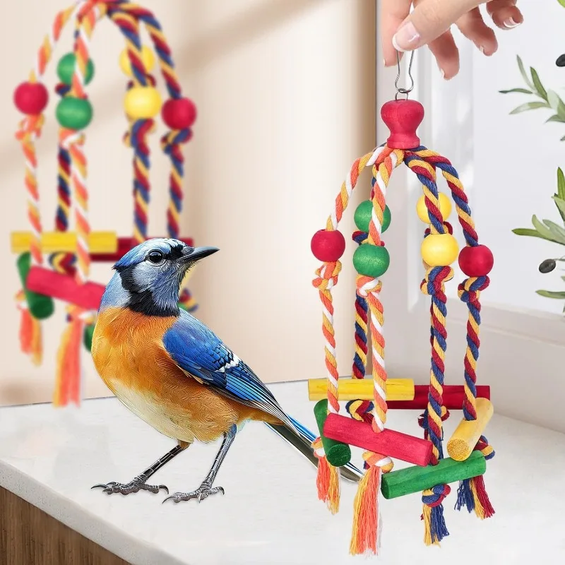 Bird Toys Parrot Toys Cotton Rope Colorful Beads Wooden Blocks Gnawing Strings Relieve Boredom Relieve Biting Hair Bird Supplies
