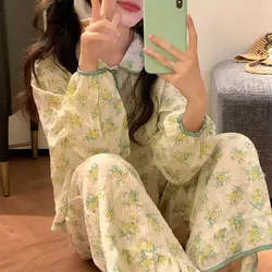 Flroal Sleepwear Women Pajama Sets Aututmn Piiama Ruffles Pants Sets 2 Pieces Korean Cute Night Wears Pocket Sleeping Home Suit