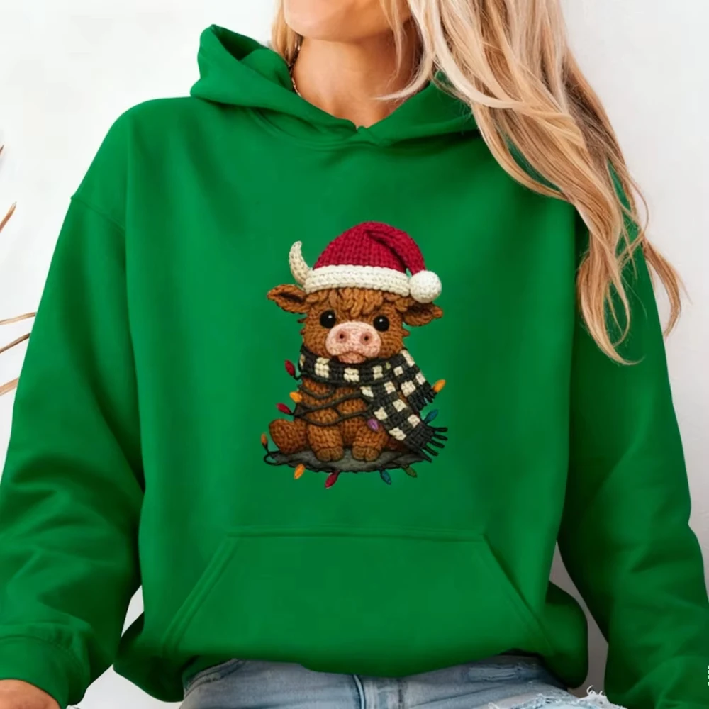 Herbst-Winter-Unisex-Kapuzenpullover mit Weihnachtsmotiv, süßer Highland-Kuh-Weihnachtsfest-Print, Pullover-Hoodie, festliche Langarm-Oberteile – Detail 16