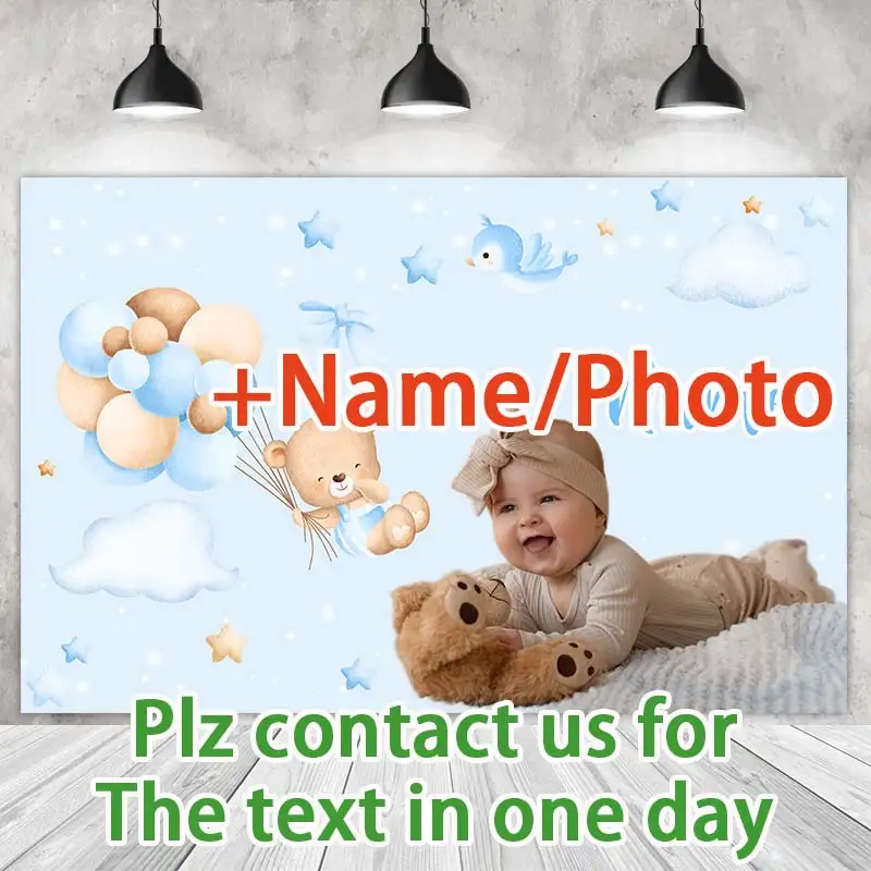 Bear Balloons Party Backdrops Children Kids Birthday Photography Cake Smash Light Blue Background Shoot Customize Name Photo