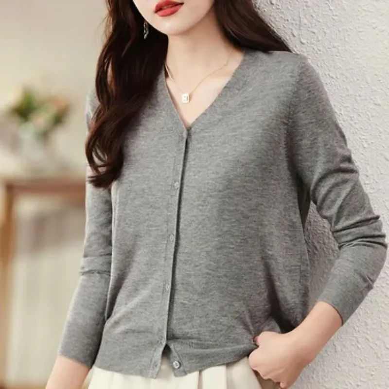 Women V Neck Button Knit Cardigan Long Sleeve Thin Loose Casual Sweater Coat Plus Size