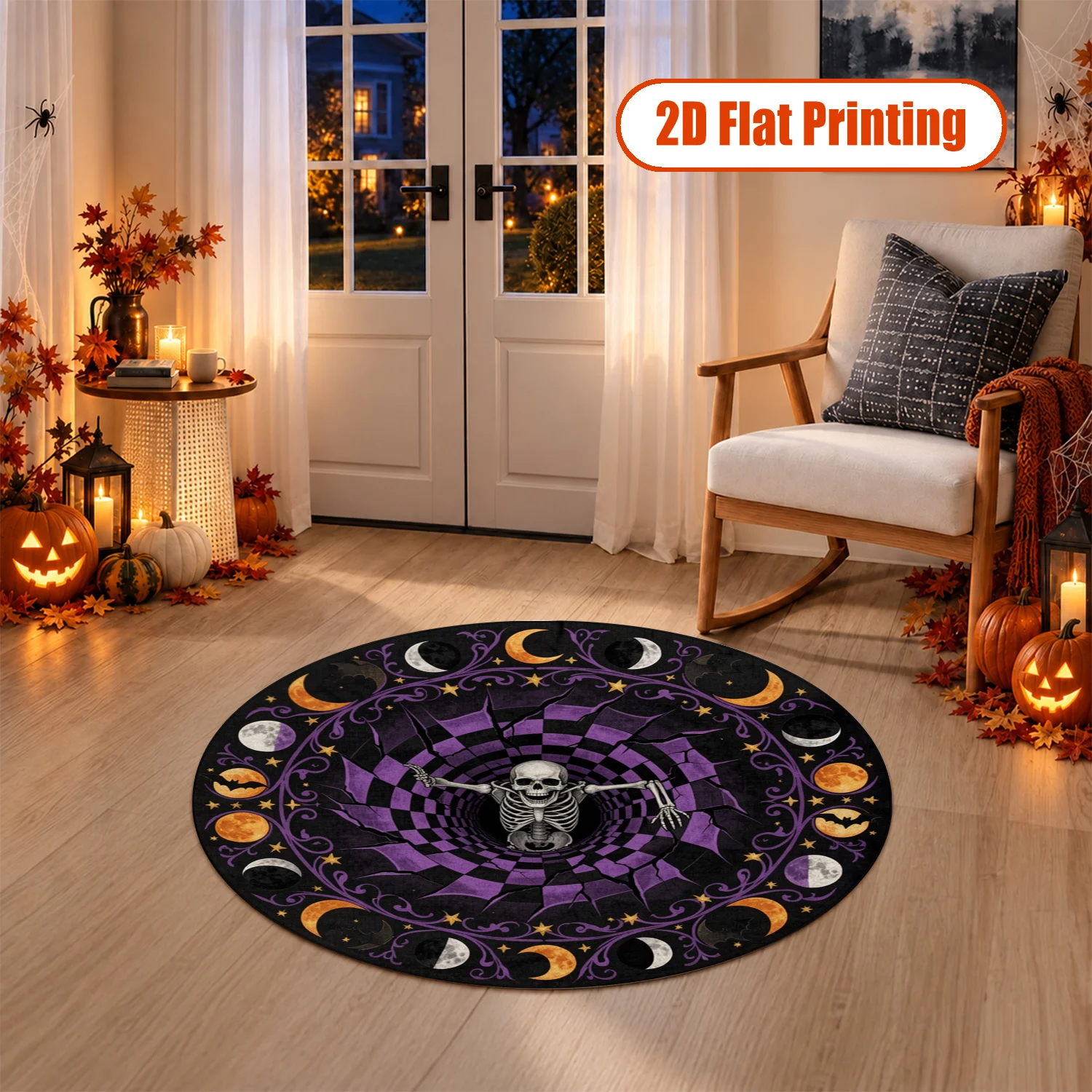 Skeleton Moon Phase Bat Print Round Velvet Rug Machine Washable for Living Room Bedroom Dining Room Entryway Ideal for Halloween Thanksgiving Black Friday Christmas New Year Decoration