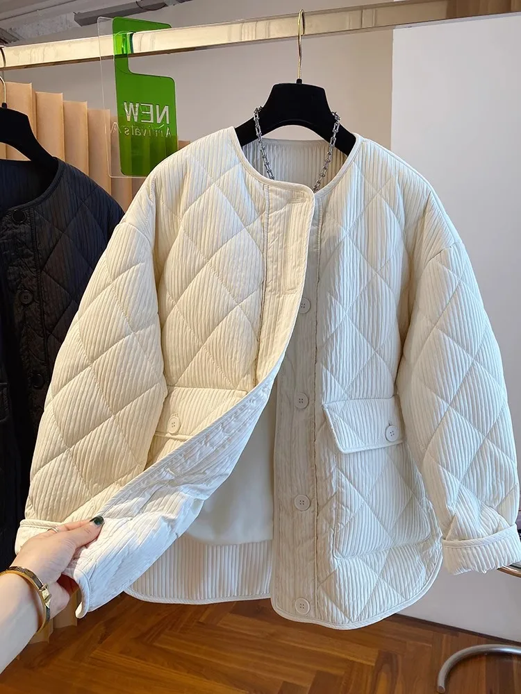 Warm Diamond Check Jacket Quilted Korean Fashion Single-Breasted Cotton Padded Coats Autumn Winter Outwear Clothes
