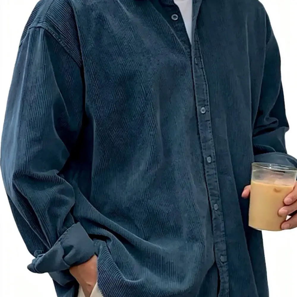 Mens Corduroy Shirt Loose Casual Long Sleeve Top Male Fashion Spring Autumn Solid Color Turn Down Collar Basic Outwear