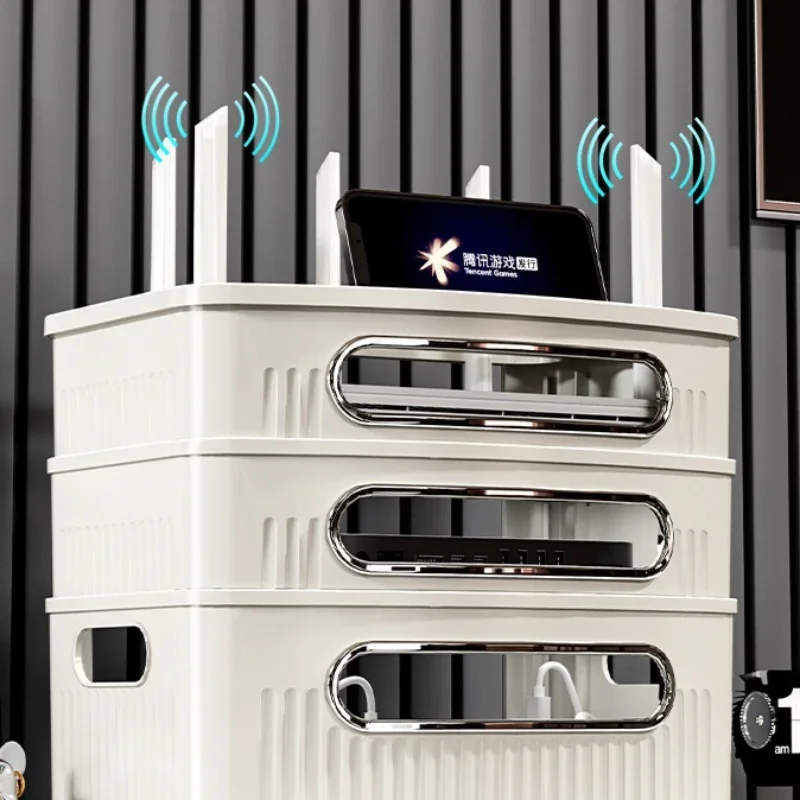Multi-Function WiFi Router Storage Box Wireless Modem Multi-Port Signal Open Shelf TV Set-Top Box Holder with Power Cord