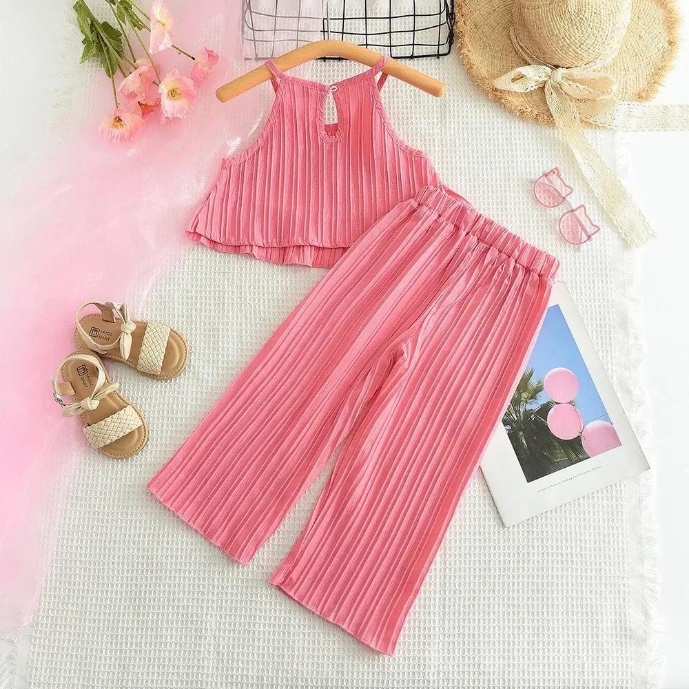 Summer New Girls' Suit with Sea Wave Straps and Wide Leg Pants Two Piece Set for Refreshing Children's Clothes Korean Version