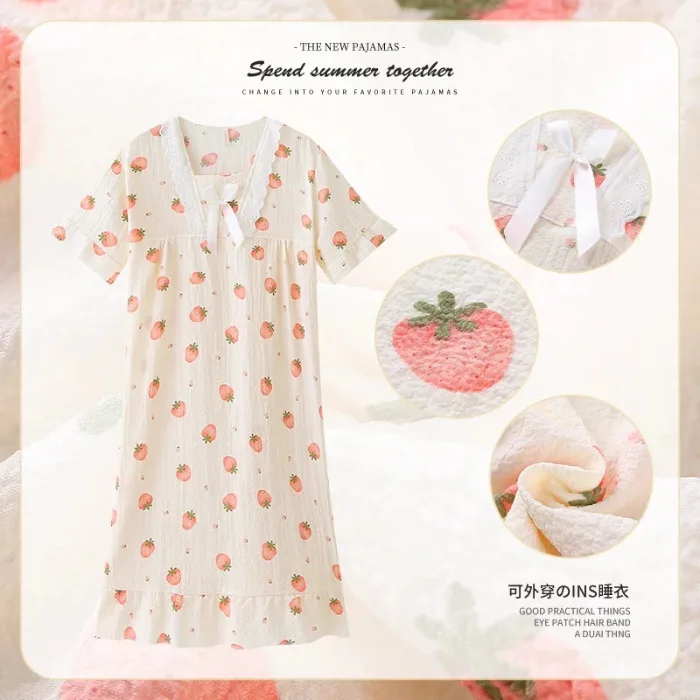 Strawberry Printed Nightgown Lace Trimmed Bow Decoration Short Sleeved Nightgown Summer Casual Breathable Comfortable Home Wear