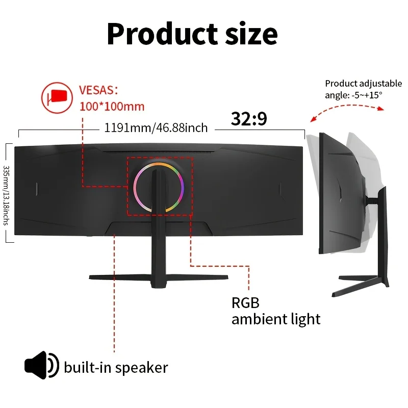 49-inch gamingmonitor met gebogen scherm, 1500R pc-scherm 5K 165 Hz DQHD 5120 × 1440p, computerscherm met FreeSync VA-paneel, HDTV 2.0, VESA-bevestiging