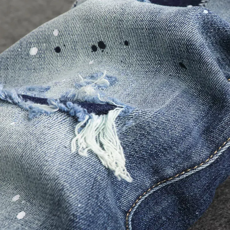 Street Fashion Men Jeans High Quality Retro Blue Stretch Skinny Fit Ripped Jeans Men Painted Designer Hip Hop Brand Pants Hombre
