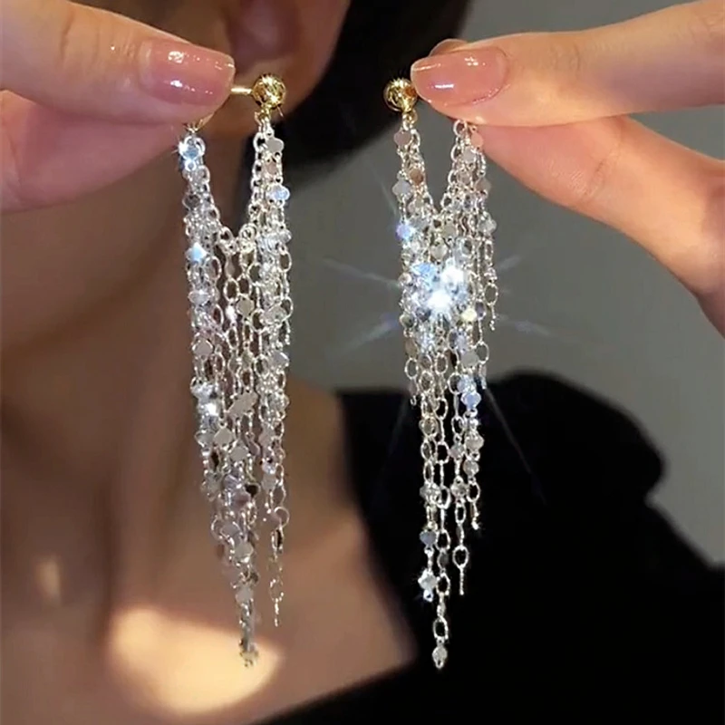 Fashion Statement Silver Color Long Metal Chain Bling Tassel Earrings for Women Wedding Party Earrings Hot Jewelry Pendant Gifts