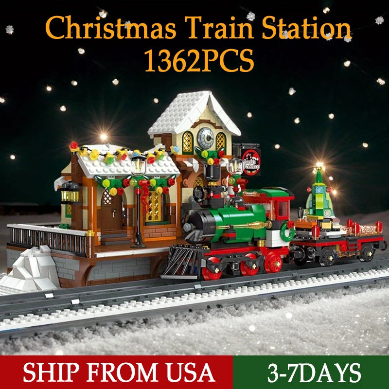 1362PCS Winter Weihnachten Bahnhof Modell Bausteine Spielzeug Kit MOC Street View Kleine Partikel Ziegel Geschenke Für Weihnachten