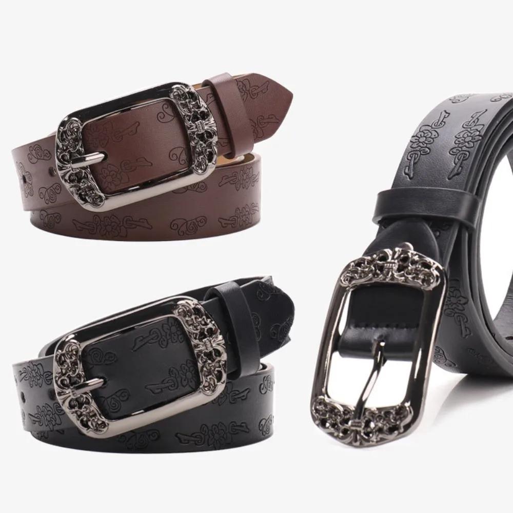 Alloy Pin Buckle Embossed PU Leather Belt Adjustable Faux Leather Carved Buckle Waist Belt Antique Metal Buckle Unisex Design