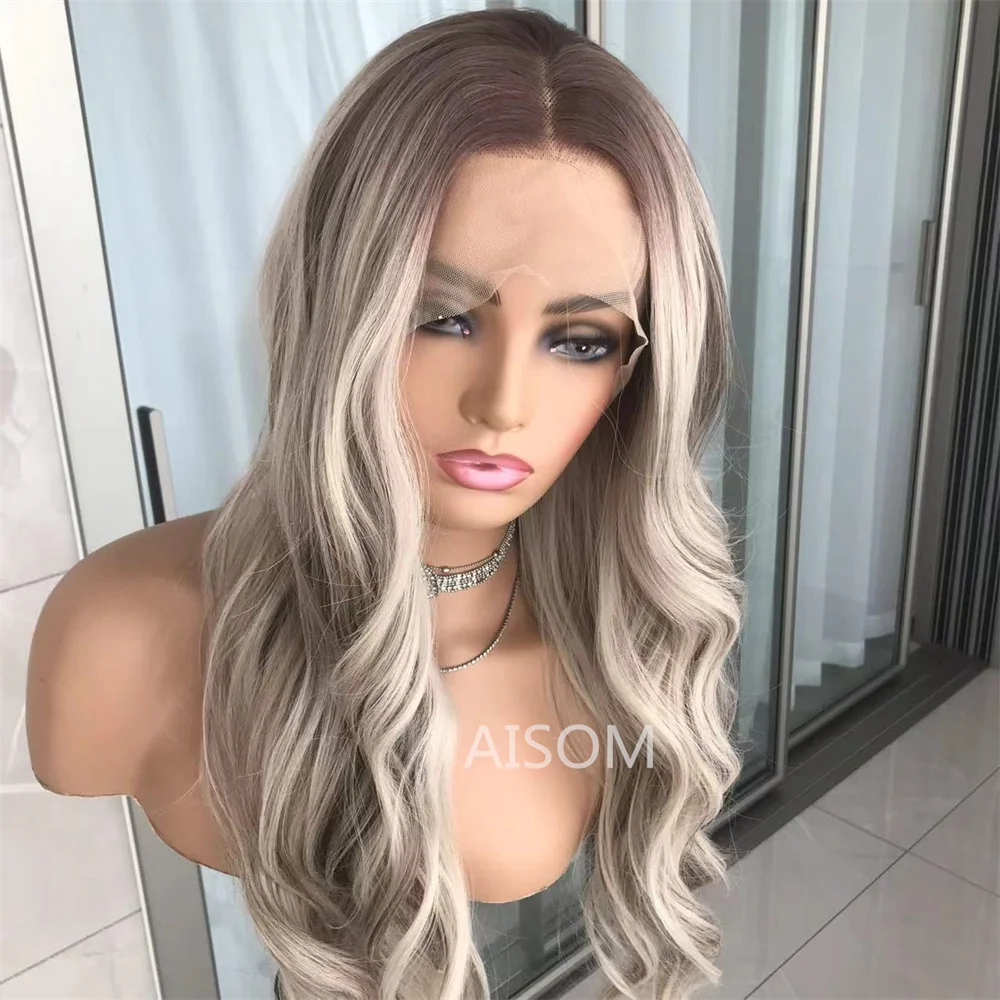 Długa falista koronkowa peruka na przód Włosy syntetyczne dla kobiet Highlight Blonde 13x4” Koronkowe peruki z przodu Body Wave Wstępnie oskubane