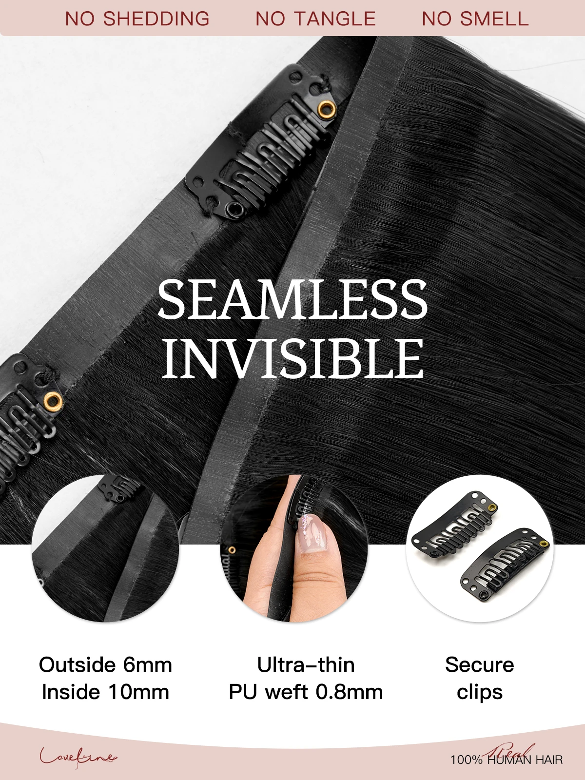 LOVELINE مشبك سلس في وصلات الشعر شعر بشري حقيقي نفاث أسود 7 قطعة 110 جرام مشبك شعر بشري في ملحقات الصالون #4