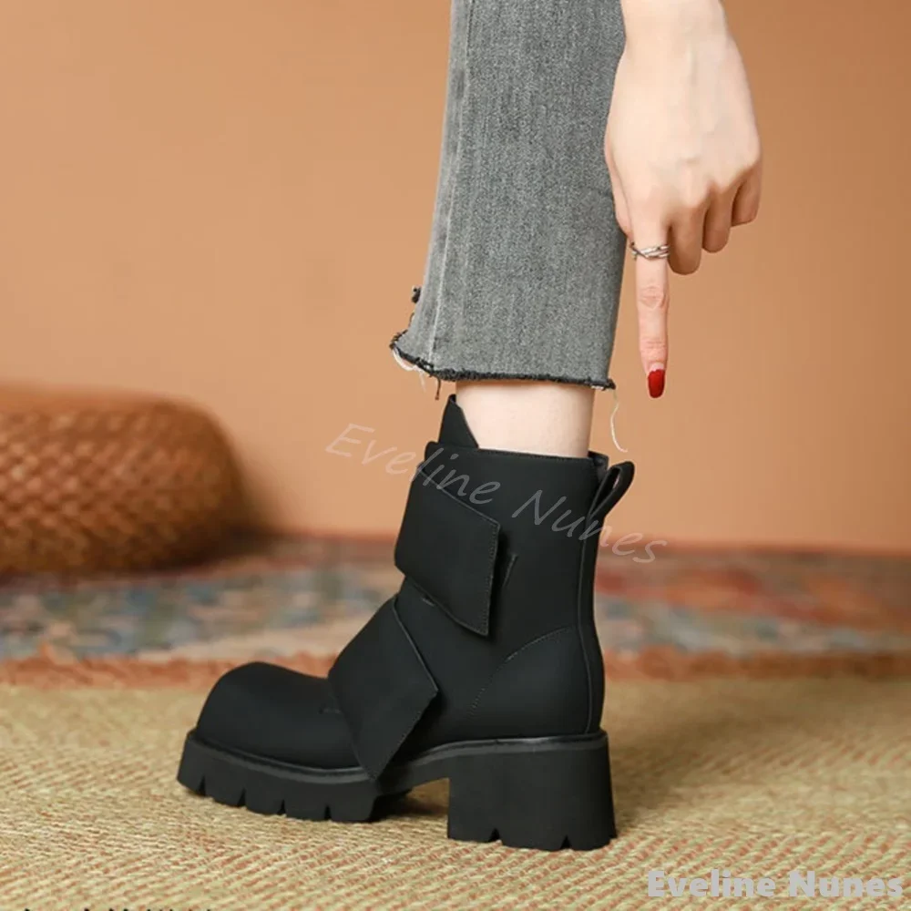 

Hook & Loop Platform Ankle Boots Women Square Toe Leather Simple Stylish Black Boots 2024 Winter New Short Boot Large Size 35-43
