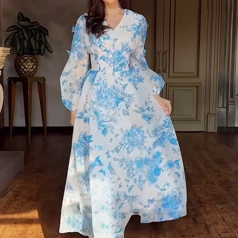 2025 New Women Blue White Floral Print V-neck Long-sleeved Slim-fitting Long-pendulum Dress French Style Elegant Vacation Model