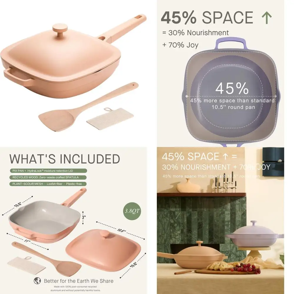 

10,5-дюймовая глубокая сковорода-сотейник на 3,8 литра с антипригарным покрытием, крышкой, деревянной ручкой и щеткой для чистки, покрытие Desert Clay