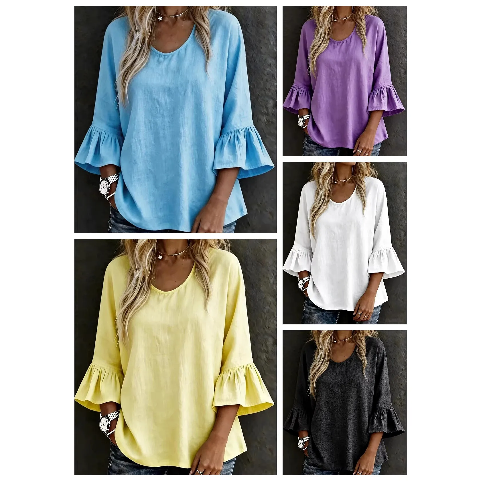 Französische Leinen-Bluse mit Volants und Fledermausärmeln, lockere T-Shirt-Oberteile für Damen, Frühling/Sommer, Freizeithemden
