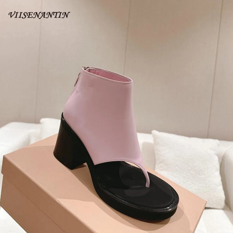 

New Style Trendy Short Sandal Boots for Women High Quality Designer Pink White Chunky Squared Heel Comfortable Runway Shoe