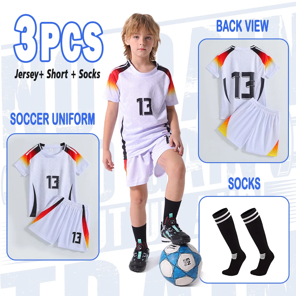 Germany Kids Soccer Jersey Set No.13 Custom Name Football Uniforms with T-shirt Shorts Socks 3-13 Years Children's Gift