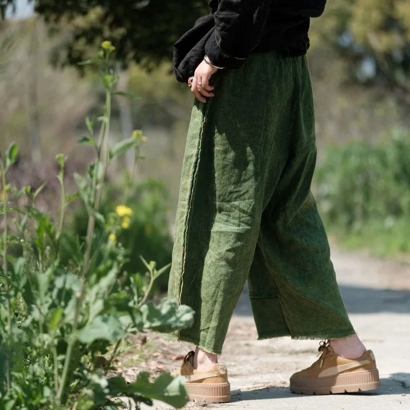 New Spring Women Good Quality Ankle-length Pants Casual Loose Elastic Waist Vintage Cotton Linen Patchwork Wide Leg Pants Y236
