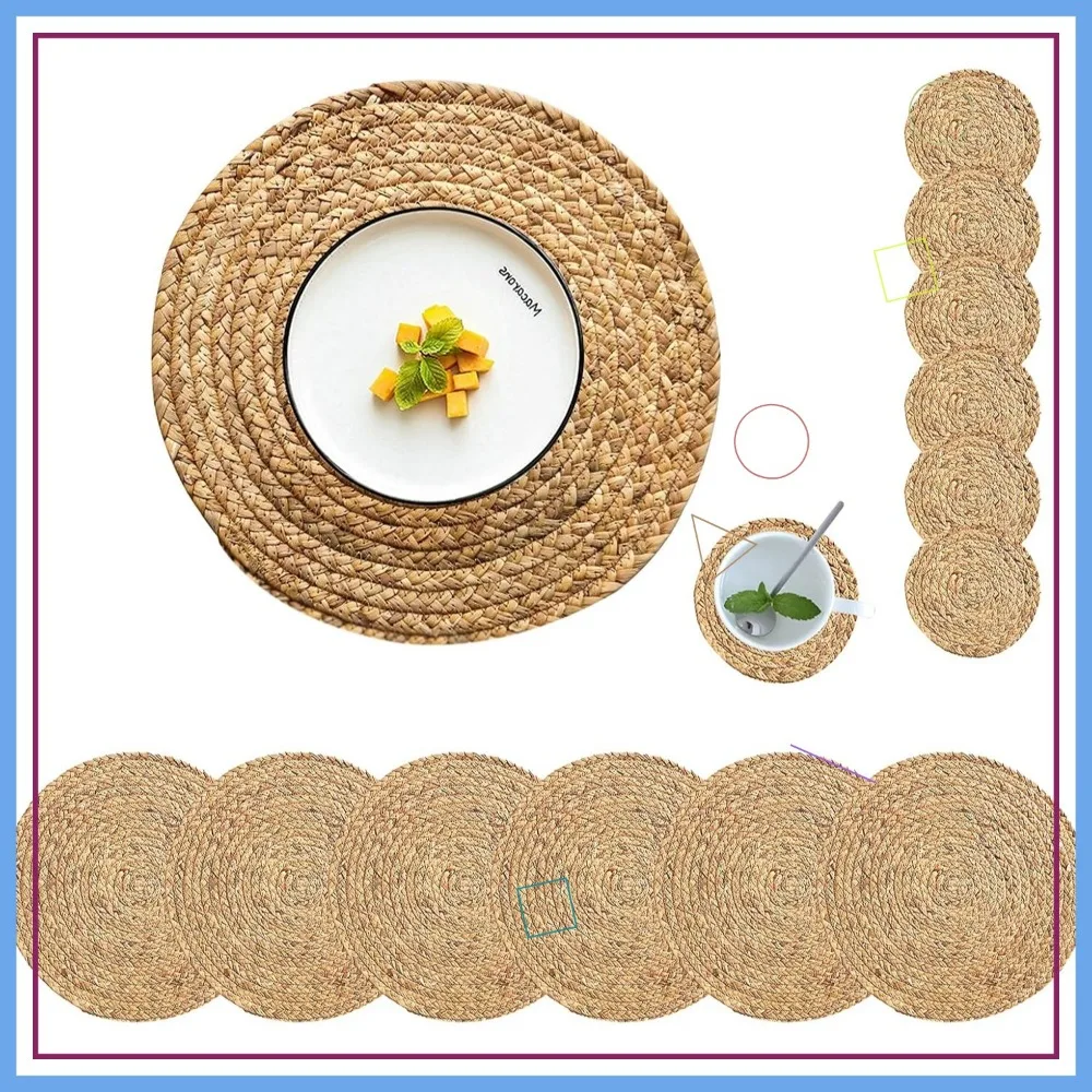 

6-Pack Round Woven Placemats with Coasters, Natural Water Hyacinth, 13.5 Inch, Heat Resistant for Indoor Outdoor Use