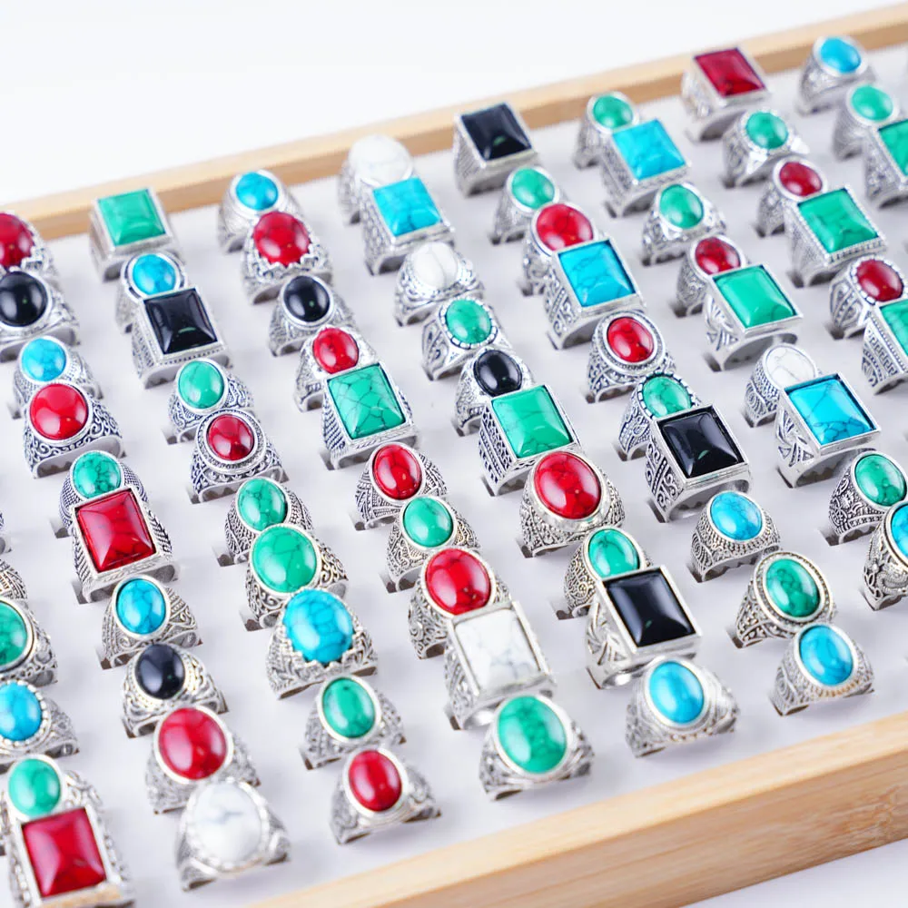 10 Teile/los Mode Retro Böhmischen Türkis Natürliche Ring Für Männer Frauen Trendy Vintage Geometrische Schmuck Party Geschenk