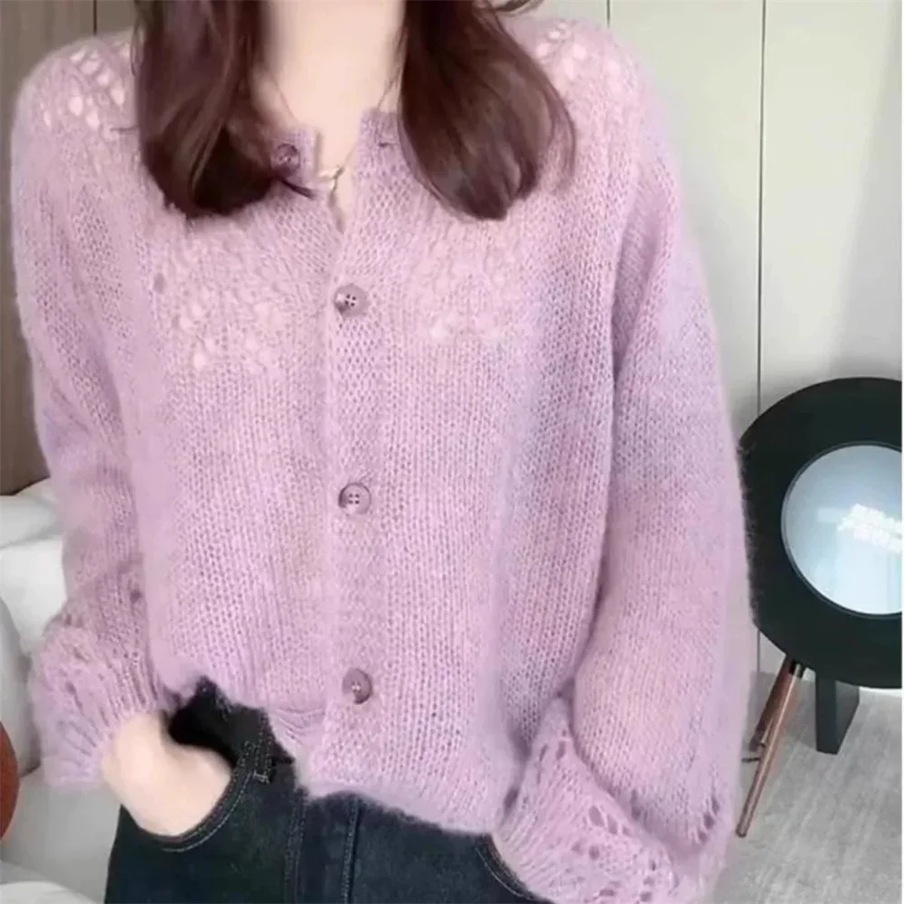 New Spring And Summer Hollow Long Sleeve Loose Knitted Cardigan Sweater Round Neck Top Korean Fashion Women's Clothing