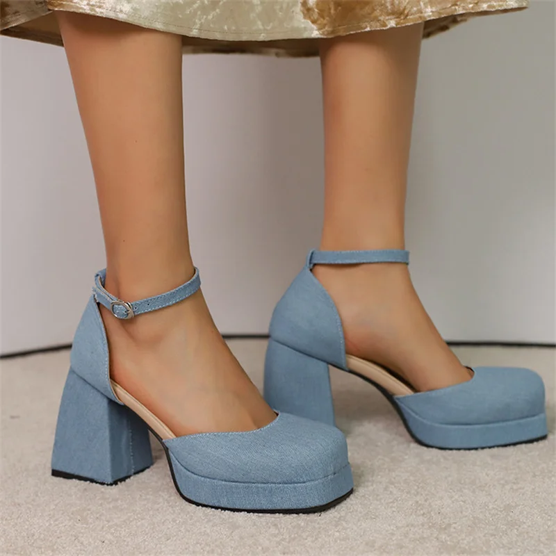 PXELENA nuevas sandalias de mujer 2025 zapatos de primavera de verano Denim azul correa de tobillo bloque grueso tacones altos fiesta señoras vestido de cita de oficina