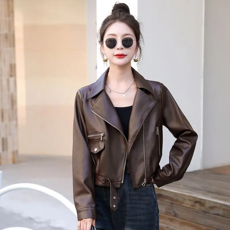 ฤดูใบไม้ผลิ 2025 ผู้หญิง PU หนังแจ็คเก็ตสั้น BIKER Coat Casual แฟชั่น Outerwear