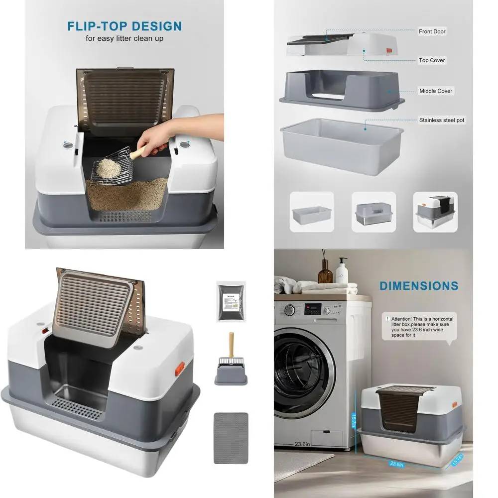 

Enclosed Stainless Steel Cat Litter Box with Lid, Odor Control, Litter Mat, 2kg Reduction Pack, Metal Scoop, Easy to Clean, Leak