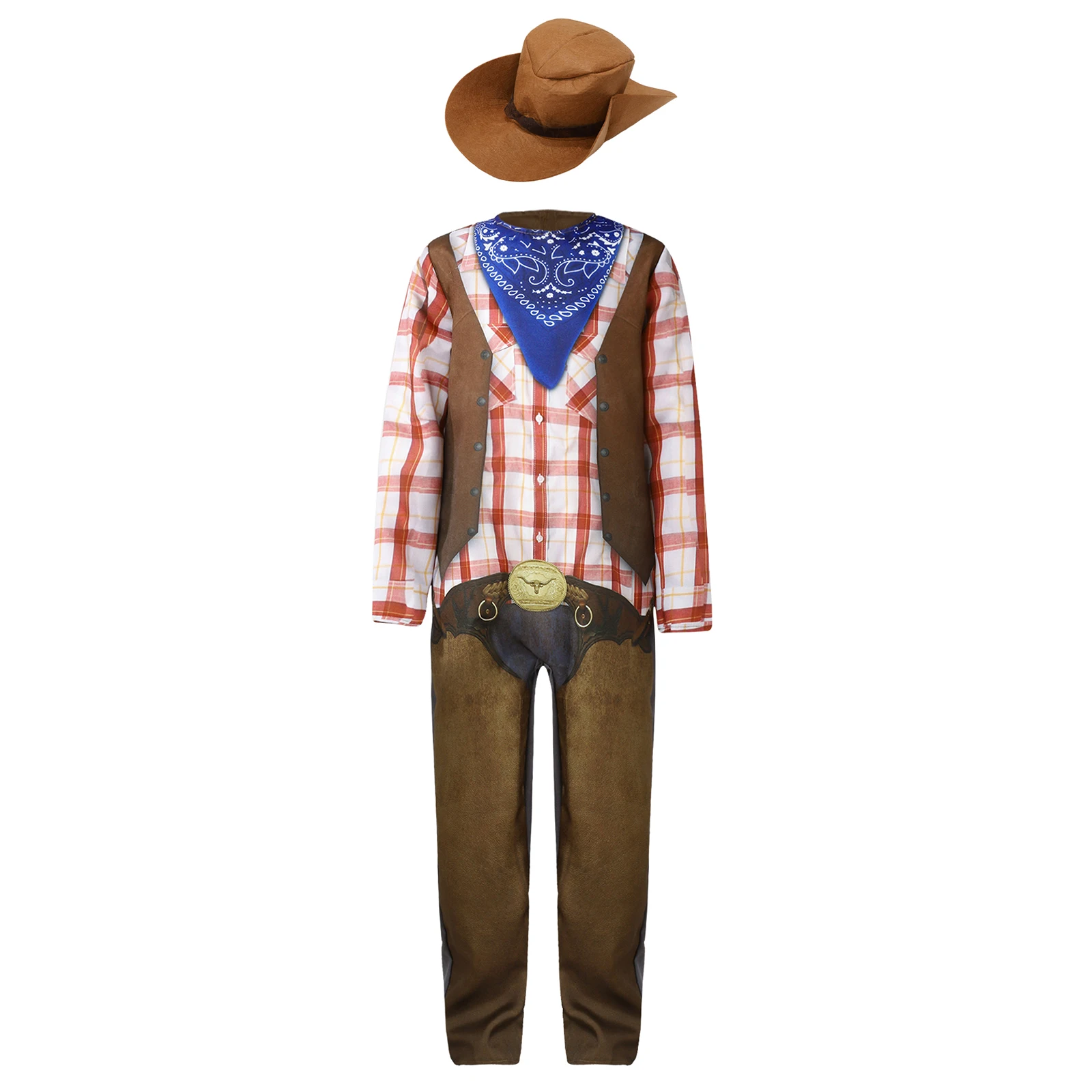 

Kids Boys Western Cowboy Costume Halloween Cosplay Dress Up Costume Jumpsuit Plaid Bandana One-piece Bodysuit and Felt Hat Set