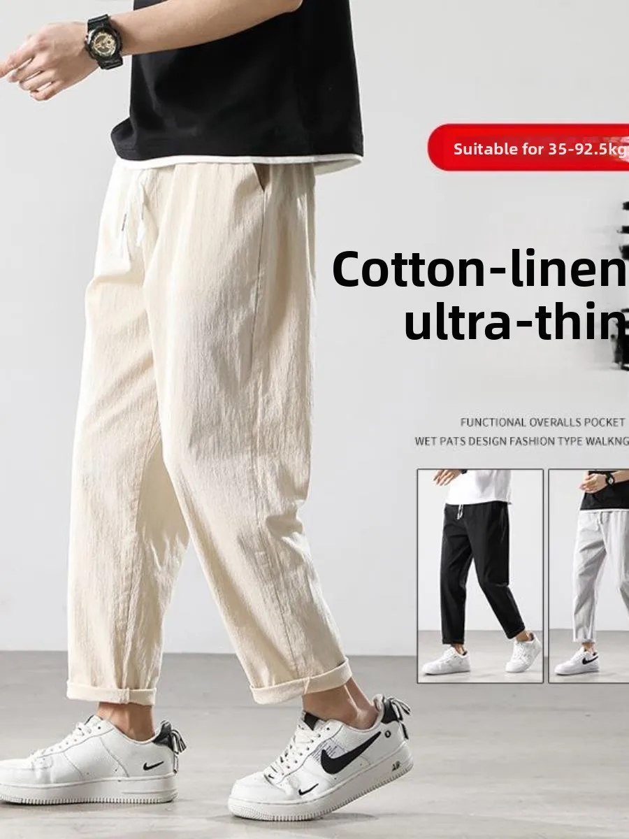 

Men's Summer Cotton Linen Straight Leg Pants Nine Points Casual Trousers Cleanfit Style Natural Waist Zipper Fly Universal Scene