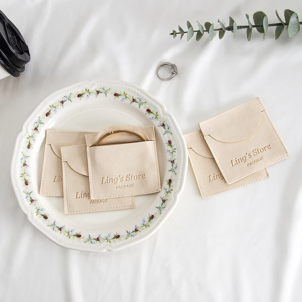 

50Pcs Custom Logo Beige Gift Packaging Microfiber Jewelry Bag Bracelet Cosmetic Earrings Ring Makeup Baby Shower Soap Organizer