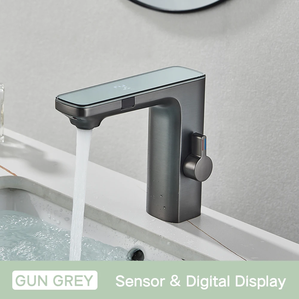 Rozin Touchless Sensor Wastafel Kraan Smart Digitale Display Badkamer Wastafel Kranen Grijs Messing Gevoel Warm Koud Water Mengkraan Kraan