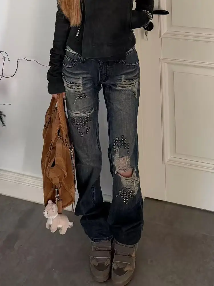 

2000s American Retro Ripped Jeans Streetwear Women's Rivet Splicing Denim Trousers High Street Fashion Hot Girls Streetwear