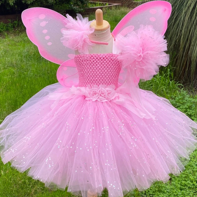 Cute Girls Pink Glitter Flower Tutu Dress Kids Butterfly Fairy Dress Outfit Children Birthday Party Costumes Princess Dresses