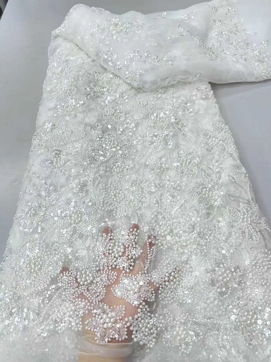 

French Tulle Sequins Lace Fabric Embroidery 5 Yards African 2026 Luxury Beaded African Mesh Lace For Nigerian Women Party Dress