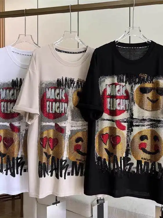 

plus Size Women's T-Shirt Heavy Embellished Short Sleeve Cartoon Face Lettering Loose Fit Mid-Length Summer Fashion